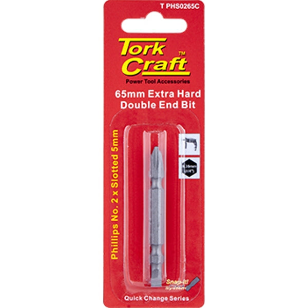 Tork Craft 65mm Double End Bit - Phillips #2 & Slotted 5mm. Extra Hard Screwdriver Bit for Power Tools