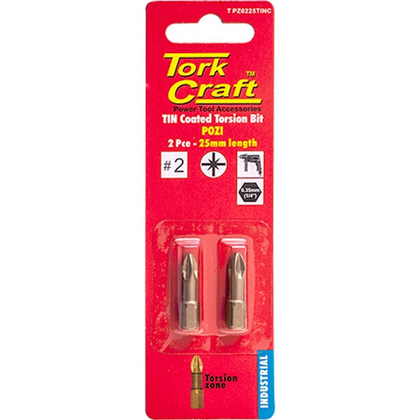 Tork Craft POZI Torsion Bit 25mm PZ2 - 2 Pack. Power Tool Accessories. Durable Screwdriver Bit Set.