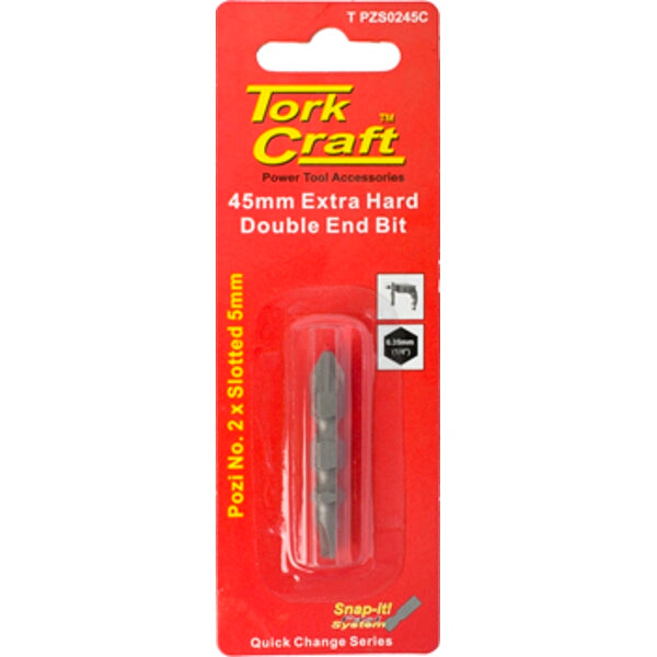 Tork Craft 45mm Double End Screwdriver Bit: Pozi 2 x Slotted 5mm - Extra Hard