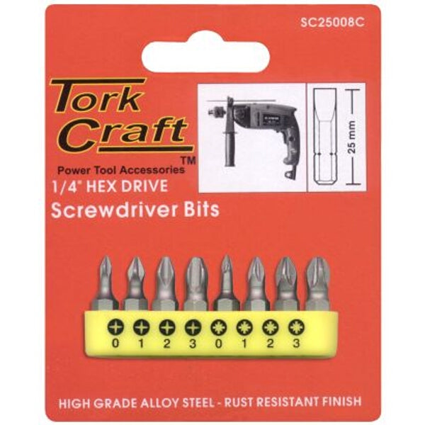 Tork Craft Screwdriver Bit Set: Phillips & Pozidriv, 8 Piece, Sizes 0-3, 1/4