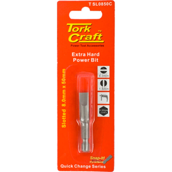 Tork Craft Extra Hard Slotted Power Bit 8.0mm x 50mm - Power Tool Accessory