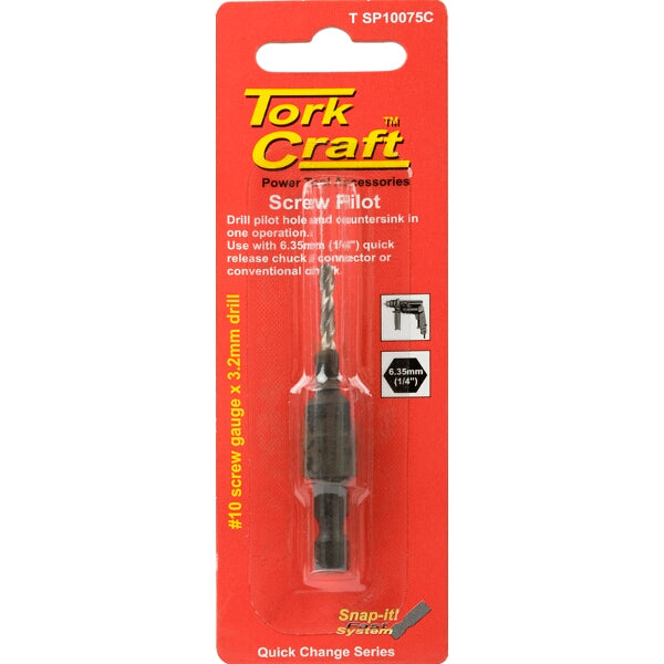 Tork Craft Screw Pilot #10: Drill pilot & countersink in one step. Quick change system for power drill accessories.