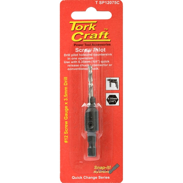 Tork Craft Screw Pilot #12 - Drill & Countersink in One! 3.5mm Drill Bit. Quick Release Power Tool Accessory
