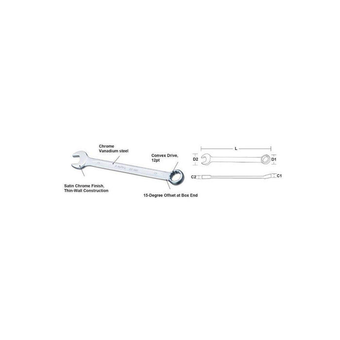 Chrome Vanadium Combination Wrench with Convex Drive, 15-Degree Offset and Satin Chrome Finish