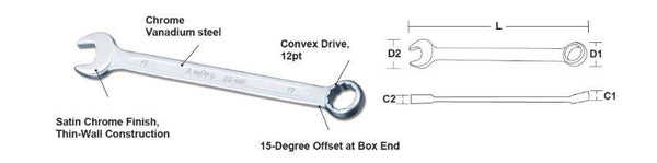 AMPRO 17mm Combination Wrench: Chrome Vanadium Steel, Convex Drive, Satin Chrome Finish, Offset Box End