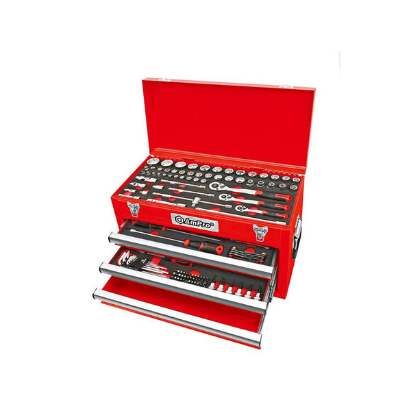 AmPro: 166Pc 1/4", 3/8" & 1/2" Dr. 3-Drawer Chest Bolt-Fit Socket & Tool Set -  T52722