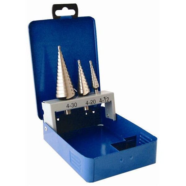HSS Step Drill Set in Metal Case: 4-12mm, 4-20mm, 4-30mm - Tork Craft Style