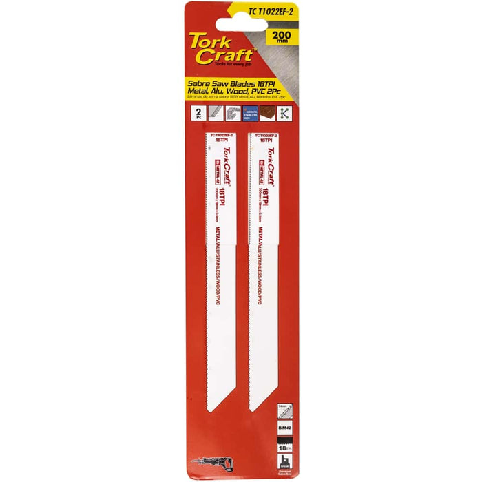 Tork Craft Sabre Saw Blades 200mm 18TPI: Metal, Alu, Wood & PVC Cutting (2 Pack)