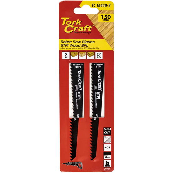 Tork Craft Sabre Saw Blades - 150mm 6TPI Wood Cutting - 2 Pack. Reciprocating Saw Blades.