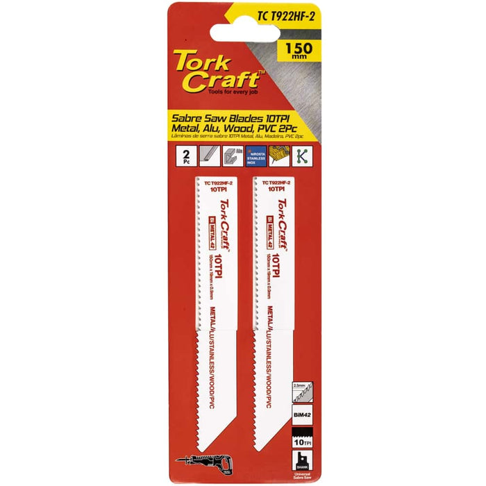 Tork Craft Sabre Saw Blades: 150mm, 10TPI. Metal, Wood, PVC, Alu. 2pc Pack.