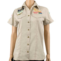 Vermont Ladies Pigeon Cap Sleeve Blouse in Stone, Size X-Large. Stylish women's work shirt.