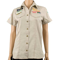 Women's Tan Collared Shirt with Short Sleeves and Button-Down Closure. Cotton Blend. Front Pockets. Casual Style. Available Online.
