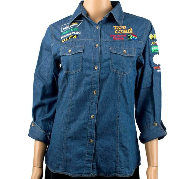 Vermont Ladies Denim Shirt with Brand Logos: Festool, Tork Craft & more. Long Sleeved, Patchwork Design.