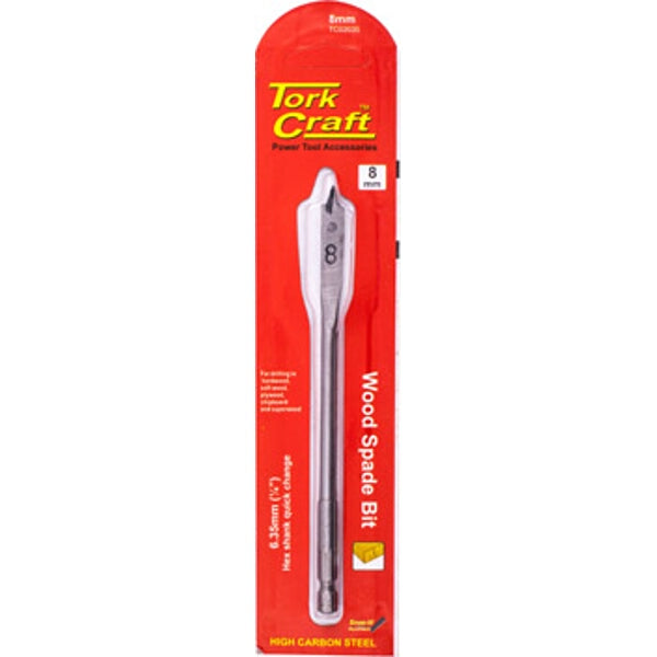 Tork Craft 8mm Wood Spade Bit: High Carbon Steel Drill Bit for Woodworking and Power Tool Accessories.