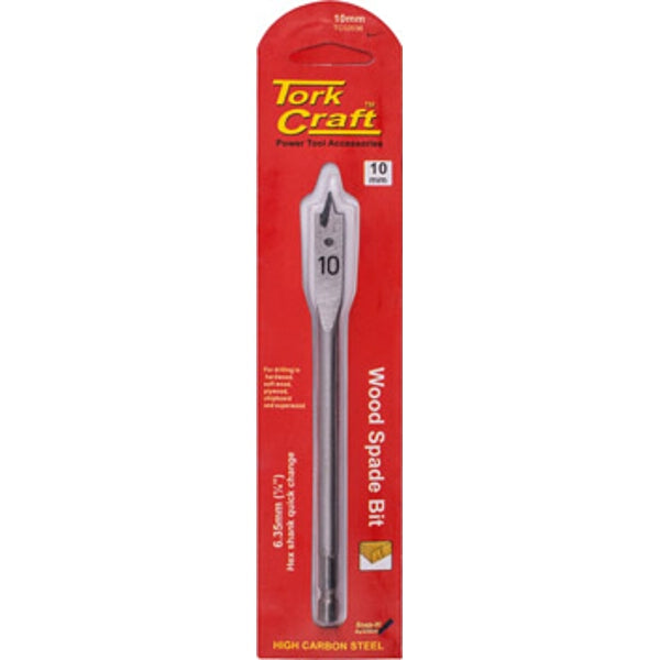 Tork Craft 10mm Wood Spade Bit: High Carbon Steel, Hex Shank Quick Change for Wood Drilling. Quality Power Tool Accessory