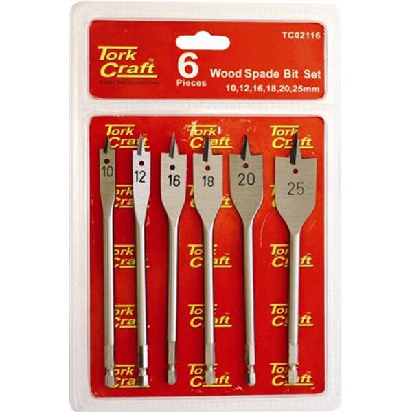 Tork Craft 6 Piece Wood Spade Bit Set - 10-25mm Paddle Drill Bits for Woodworking