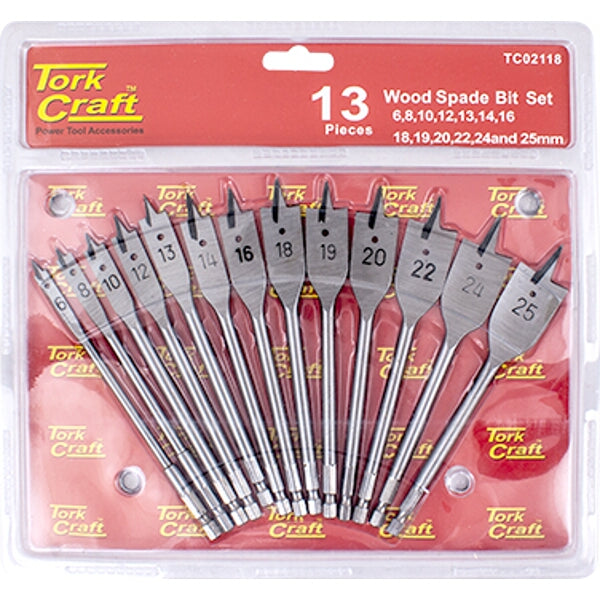 Tork Craft 13-Piece Wood Spade Bit Set - Drill Bits for Woodworking
