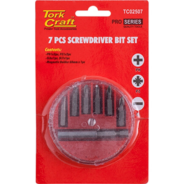 Tork Craft 7 Piece Screwdriver Bit Set: PH1, PH2, PZ1, PZ2, Slotted 6/7mm & Magnetic Holder | High Quality Power Tool Accessories