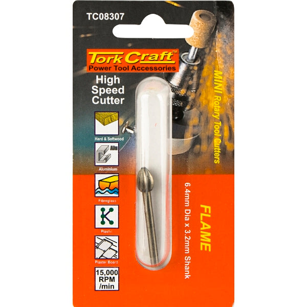 TorkCraft Flame Rotary Cutter: High-Speed Steel Engraving Bit for Wood, Plastic, Fiberglass & Soft Metals. 6.4mm Dia, 3.2mm Shank