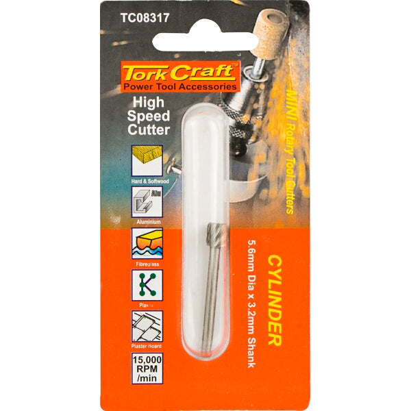 Tork Craft High Speed Rotary Tool Cutter - Cylinder Shape, 5.6mm Dia, 3.2mm Shank - Wood, Plastic, Metal Engraving