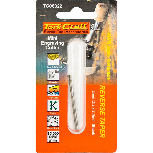 Tork Craft Mini Engraving Cutter: Reverse Taper, 2mm Dia, 2.4mm Shank. Cuts Wood, Plastic, Fiberglass. Rotary Tool Accessory.