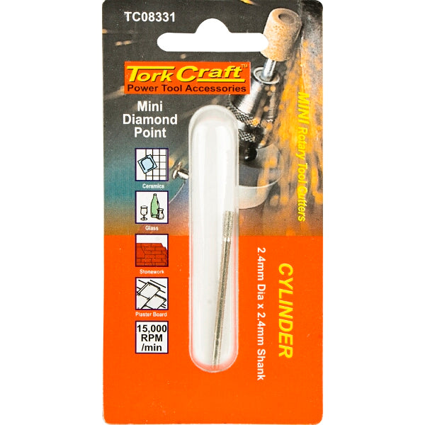 Tork Craft Diamond Point Rotary Tool Bit - 2.4mm Cylinder - for Glass, Ceramic, Stone - Power Tool Accessories