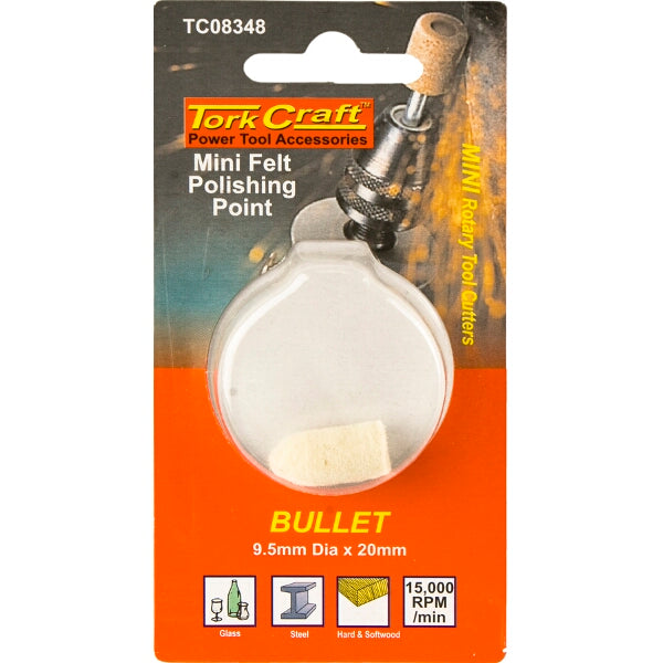 Tork Craft Mini Felt Polishing Point Bullet - 9.5mm Dia x 20mm - Power Tool Accessory for Polishing Metals & Glass