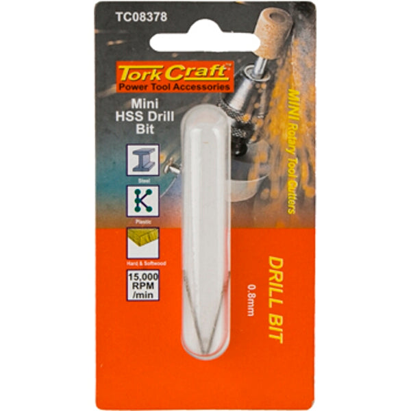 Tork Craft Mini HSS Drill Bit 0.8mm - Power Tool Accessory, Rotary Tool, Steel, Plastic, Wood, 15000 RPM.