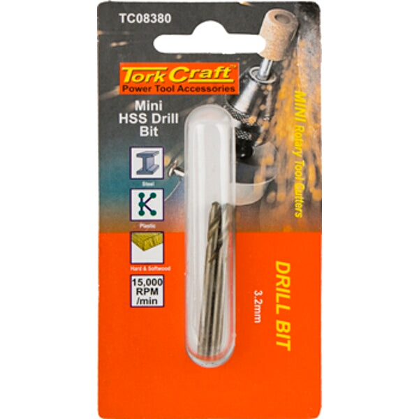 Tork Craft Mini HSS Drill Bit 3.2mm 2pc - Power Tool Accessories for Metal, Plastic, Wood. Small Drill Bits.