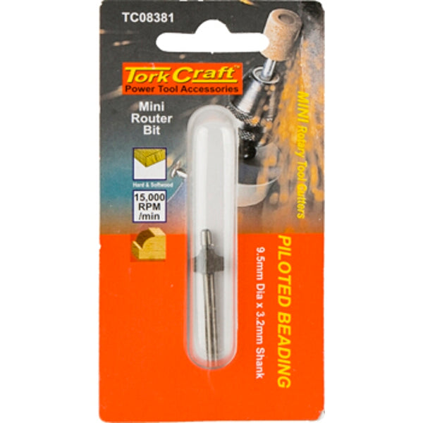 Tork Craft Mini Router Bit - 9.5mm Piloted Beading, 3.2mm Shank - Woodworking Rotary Tool Accessory