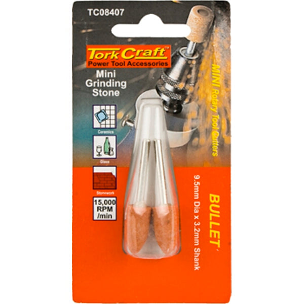 Tork Craft Mini Grinding Stone Bullet 9.5mm Dia x 3.2mm Shank Rotary Tool Point - Metal, Ceramics, Glass, Stone Work Sharpening Deburring