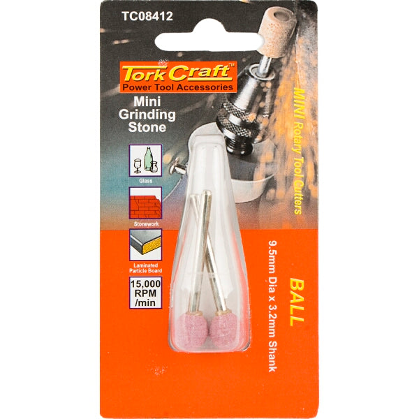 Tork Craft Mini Grinding Stone Set: 9.5mm Ball, 3.2mm Shank, Aluminum Oxide Abrasive for Metal, Glass & Stonework - 2 Piece