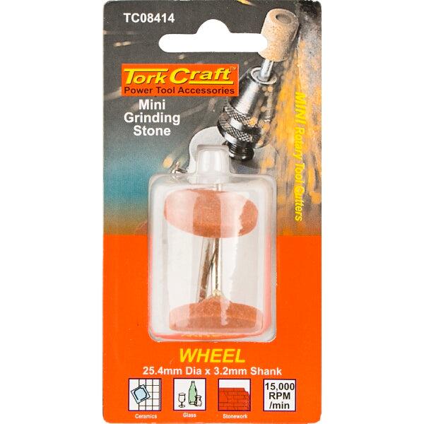 Tork Craft Mini Grinding Stone Wheel - 25.4mm Dia, 3.2mm Shank Rotary Tool Accessory for Ceramics, Glass, & Stonework