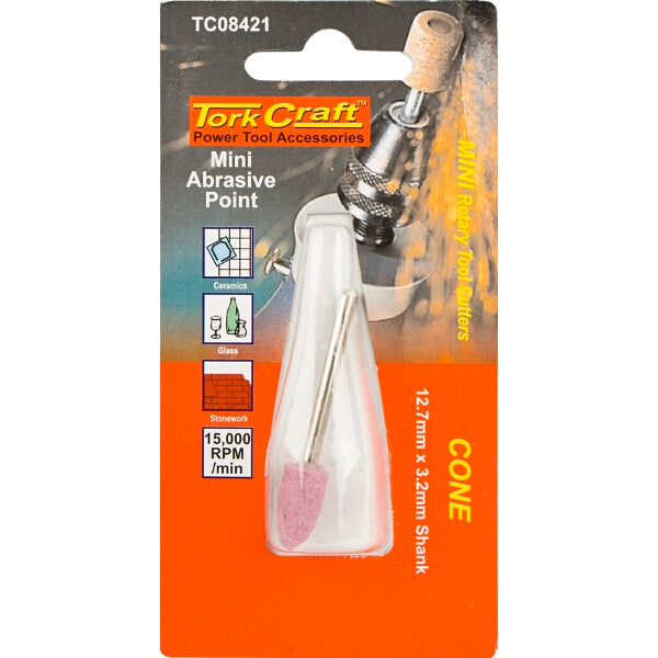 Tork Craft Mini Abrasive Point - 12.7mm Cone, 3.2mm Shank. Rotary Tool Accessory for Ceramics, Glass, Stonework.