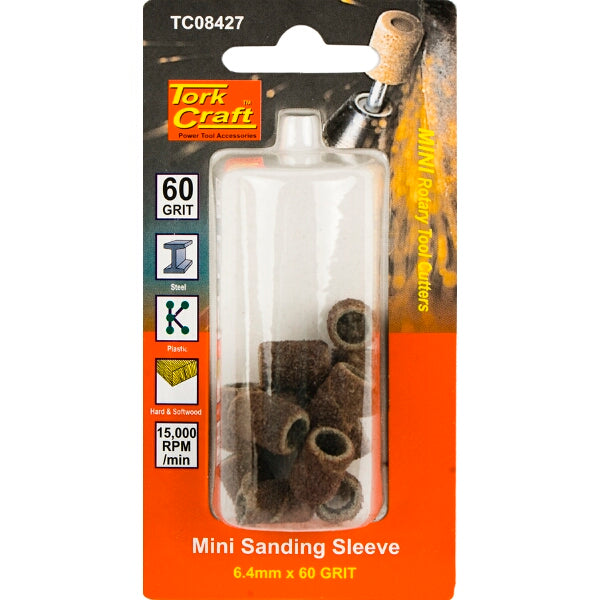 Tork Craft Mini Sanding Sleeves 6.4mm 60 Grit - Rotary Tool Sanding Drum for Woodworking and Rust Removal