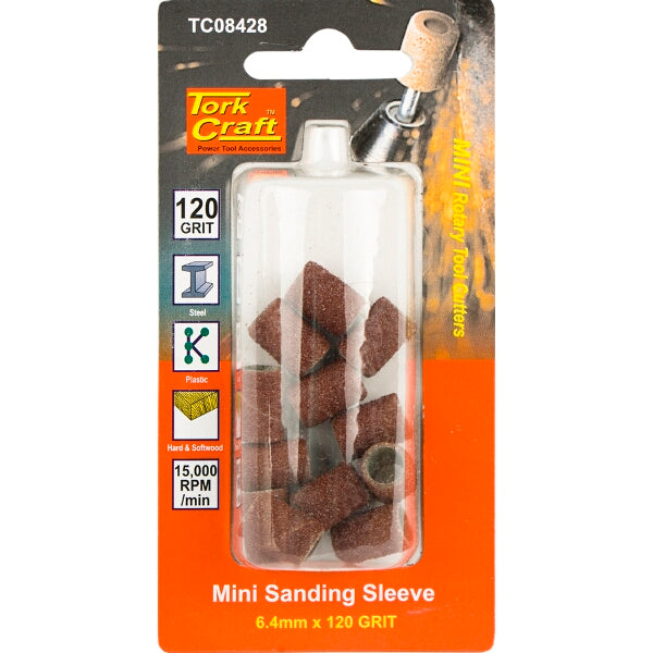 Tork Craft Mini Sanding Sleeves - 6.4mm 120 Grit - Rotary Tool Accessories for Wood, Plastic & Rubber Sanding