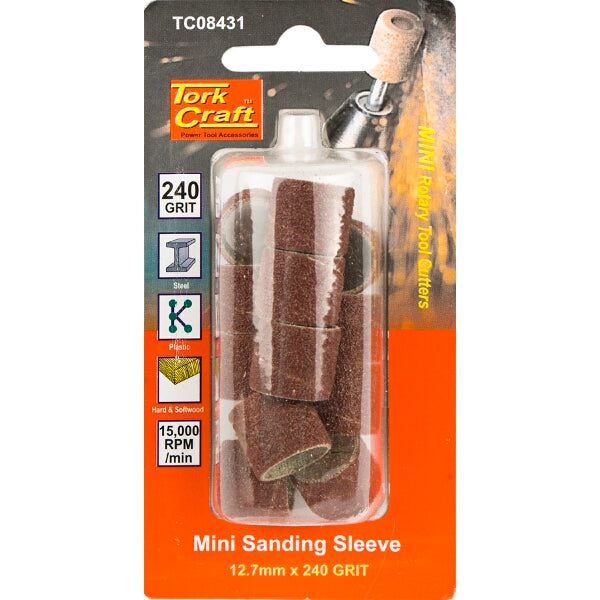 Tork Craft Mini Sanding Sleeves 12.7mm 240 Grit - Rotary Tool Accessories for Woodworking, Plastic, and Metal
