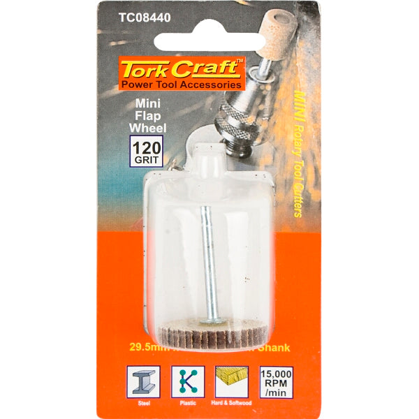 Tork Craft Mini Flap Wheel, 120 Grit - Rotary Grinding Wheel for Metal Polishing, Power Tool Accessory