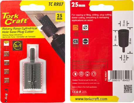 TorkCraft Rotary Rasp Hole Saw Plug Cutter 25mm x 35mm. Woodworking tool for drilling, shaping, and cutting plugs.