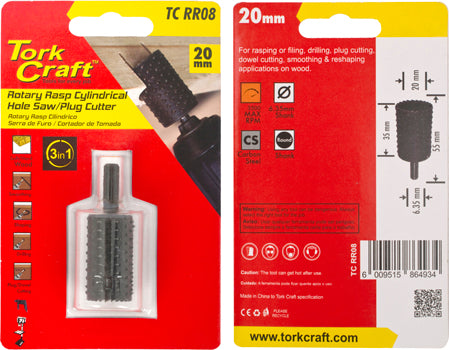 TorkCraft 20mm Rotary Rasp Cylindrical Hole Saw/Plug Cutter - Woodworking Tool