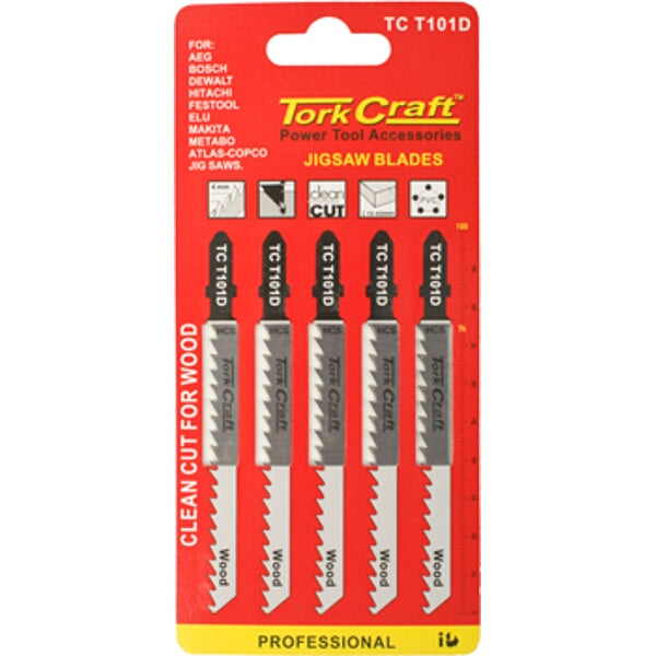 Tork Craft Jigsaw Blades TC T101D: Clean Cut for Wood, 6 TPI, T-Shank, 5-Piece Pack. Compatible with Bosch, Makita, DeWalt & more.