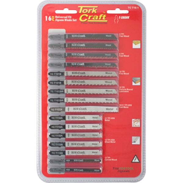 Tork Craft 16-Piece Jigsaw Blade Set: Universal Fit T-Shank for Wood & Metal Cutting | Assorted Blades