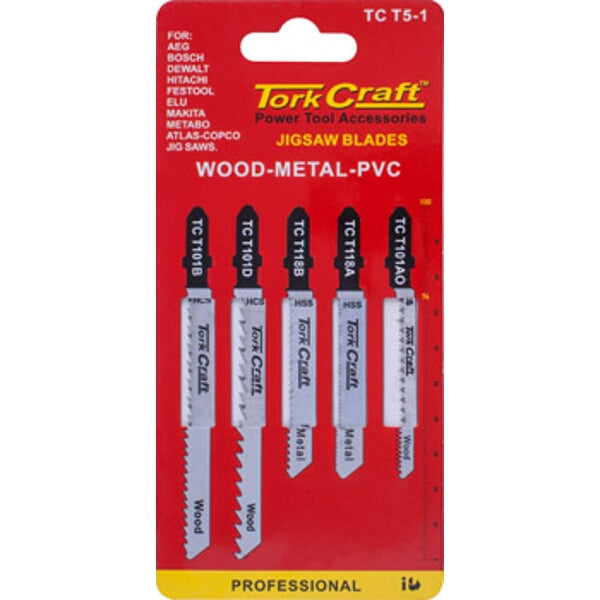 Tork Craft Jigsaw Blades Set - 5 Piece Assorted T-Shank for Wood, Metal, PVC Cutting