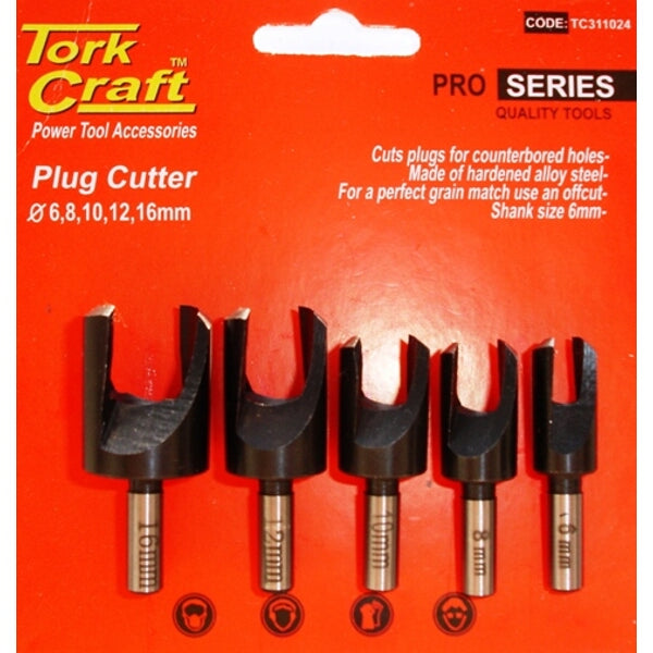 Tork Craft Wood Plug Cutter Set: 6, 8, 10, 12, 16mm. Wood Hole Plug Cutters