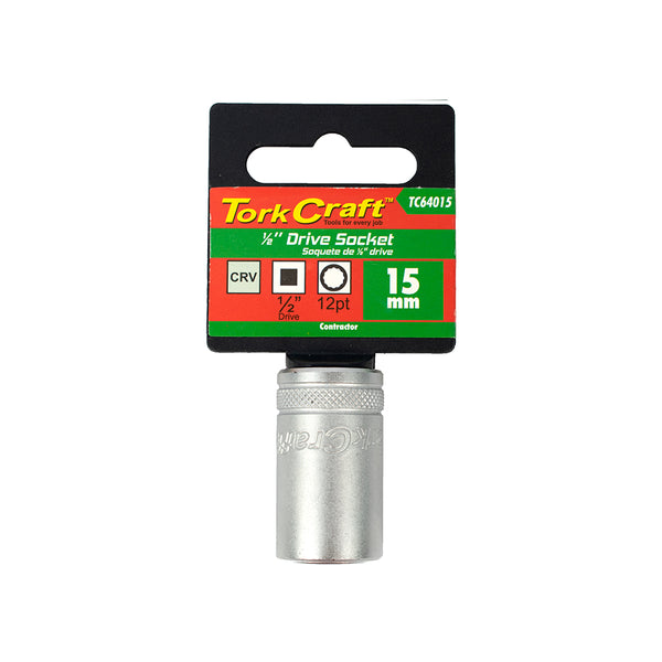 Tork Craft 15mm Socket, 1/2 inch Drive, CRV Steel, 12 Point Socket. High-Quality Tool for Mechanics & DIY Projects.