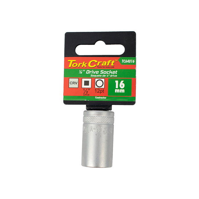 Tork Craft 16mm Socket, 1/2 inch Drive, CRV Steel, 12-Point - Professional Grade Tool