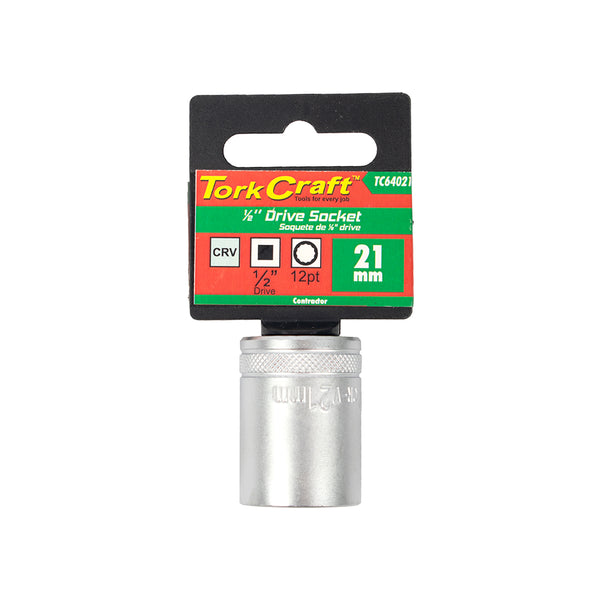 Tork Craft 21mm Socket - 1/2" Drive, CRV Steel, 12 Point. Packaged Socket image.