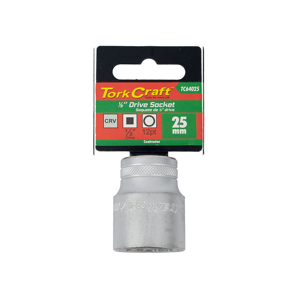 Tork Craft 25mm 1/2" Drive Socket CRV 12pt, Metric Socket Wrench for Mechanics & DIY, TC64025