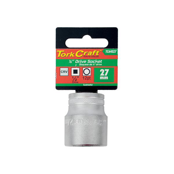 Tork Craft 27mm Drive Socket: 1/2" Drive CRV 12-Point Socket, 27mm x 35.8mm. Contractor Grade Tool