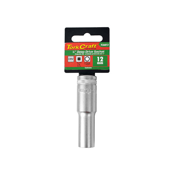 Tork Craft 12mm Deep Socket - 1/2" Drive CRV Steel - TC66012.  12 Point Metric Socket, Hand Tools for Mechanics & Automotive Repair
